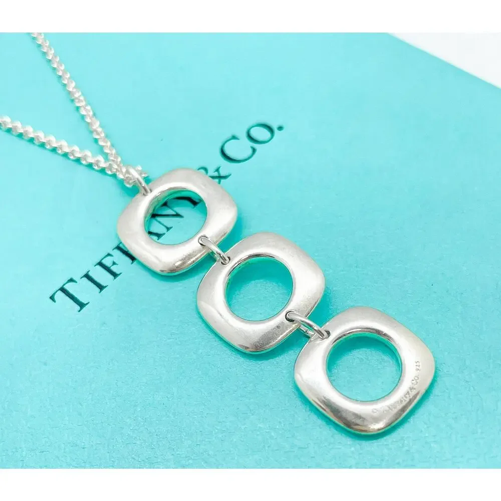 Tiffany & Co. Sterling Silver Triple Cushion Drop Pendant Necklace 16